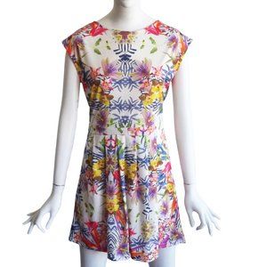 THERAPY Jungle Floral Digital Print Cut Out Tie Back Pleated Mini Sun Dress 10